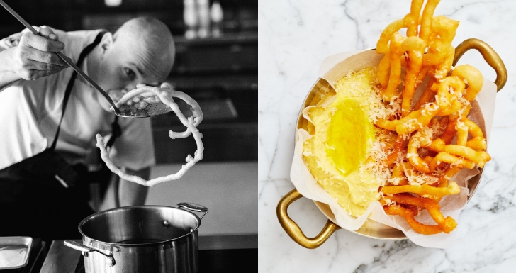 Kollage, på bild ett håller Klas upp friterad surdeg med en hålslev, på den högra bilden ser man det färdiga resultatet av friterad surdeg med kräm på gula ärtor och lagrad hårdost