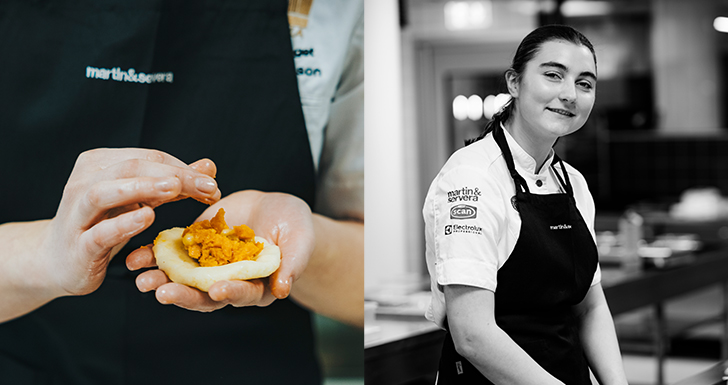 Ett kollage av två bilder, den vänstra en bild på när hon fyller kroppkakan, den högra Tilda i svartvitt när hon arbetar i köket.