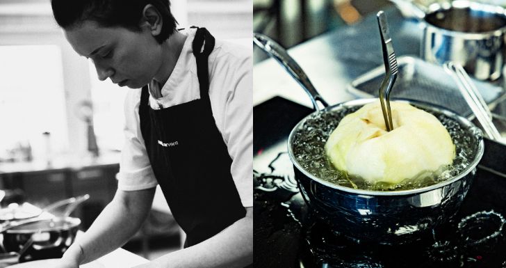 Ett kollage av två bilder. Den första ett svartvitt porträtt av Desirée i profil när hon arbetar i köket. Den andra bilden närbild på ett kålhuvud som kokas i kastrull.