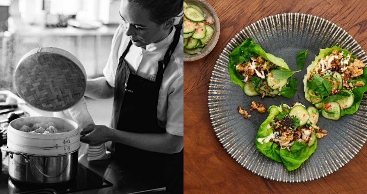 Kollage av två bilder. Den första en svartvit bild på Louise där hon i köket lyfter på locket till ångkokaren för att kika på dumplingsen. Den andra en bild på en färdig laab.